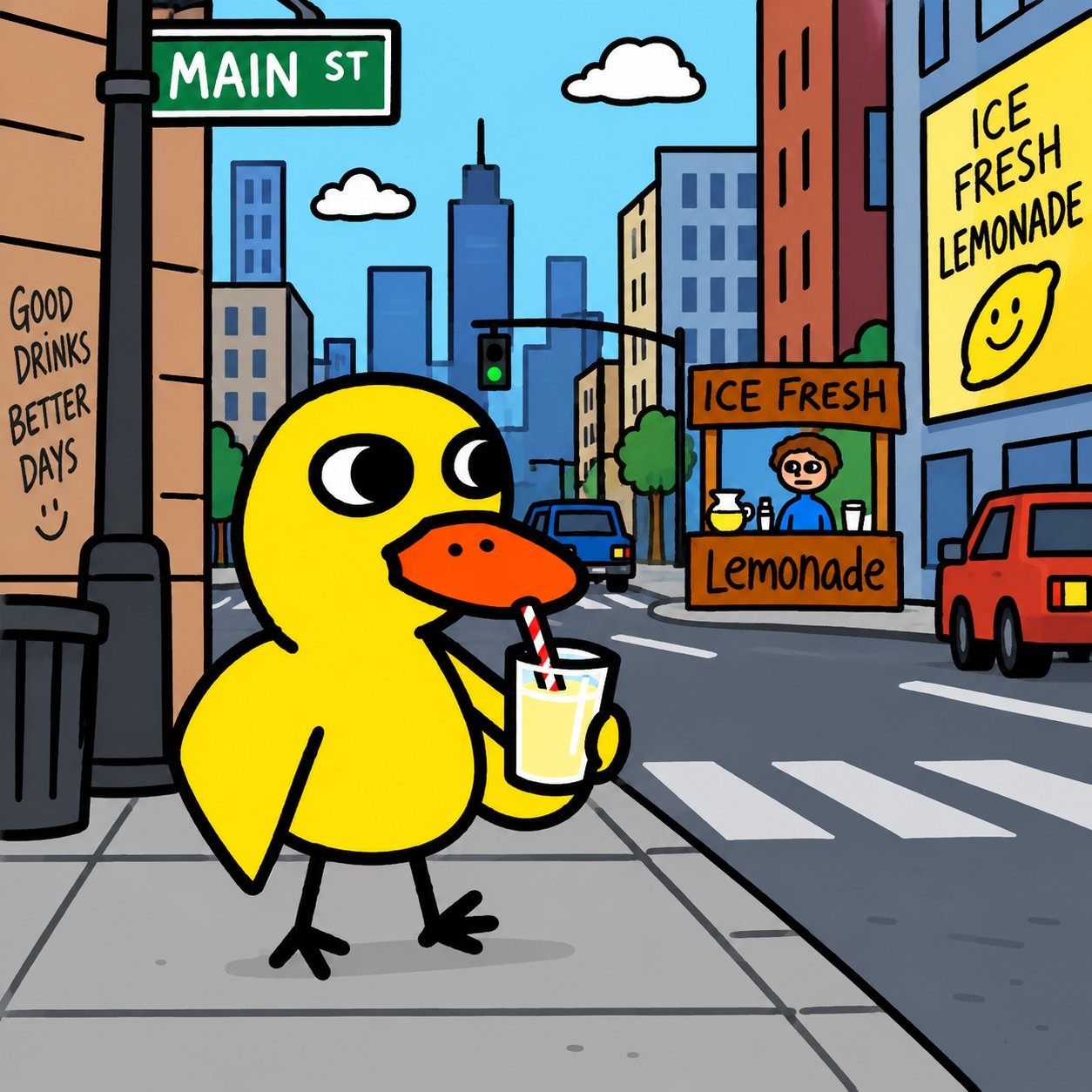 Duck drinking lemonade on a crude city street illustration