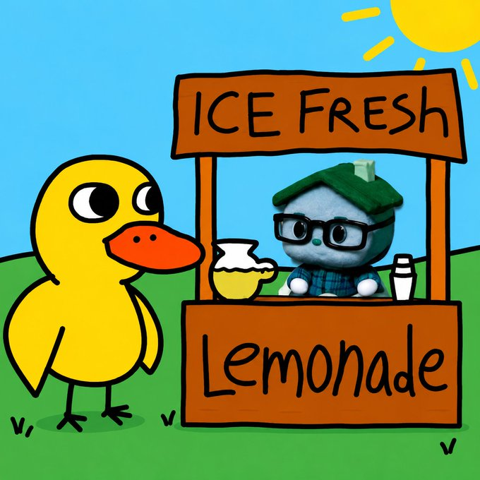 Duck at a lemonade stand with a toy-like vendor
