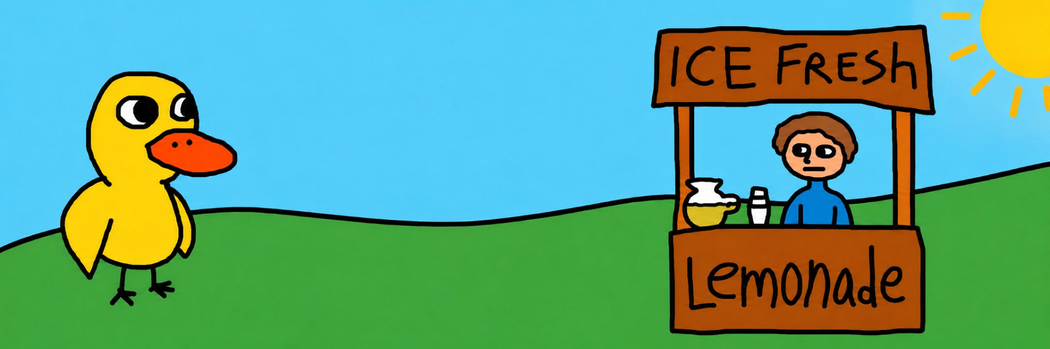 Crude MS Paint-style duck walking toward a lemonade stand